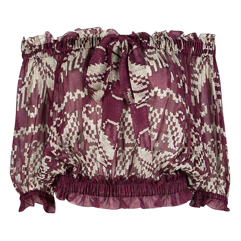 Pre Owned D&G Burgundy Printed Silk Off Shoulder Peasant Blouse M