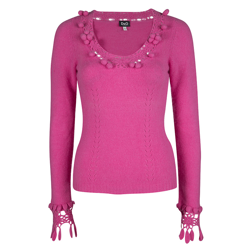 Pre Owned D&G Pink Bobble Detail Crochet Trim V-Neck Sweater S