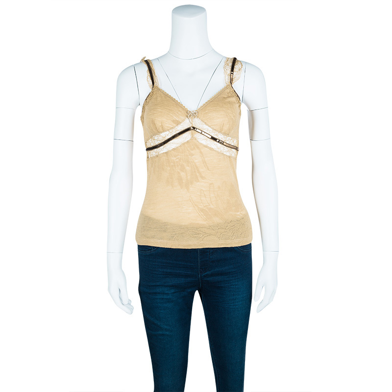 

D&G Camel Brown Wool Sequin Detail Lace Trim Sleeveless Camisole