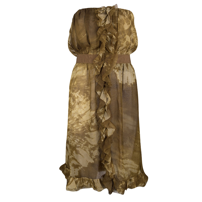 Pre Owned D&G Brown Tie-Dye Printed Silk Ruffle Detail Strapless Dress M