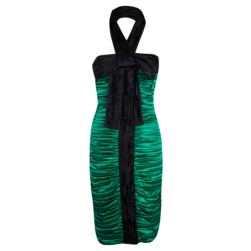 Pre Owned D&G Green Silk Ruched Halter Dress M