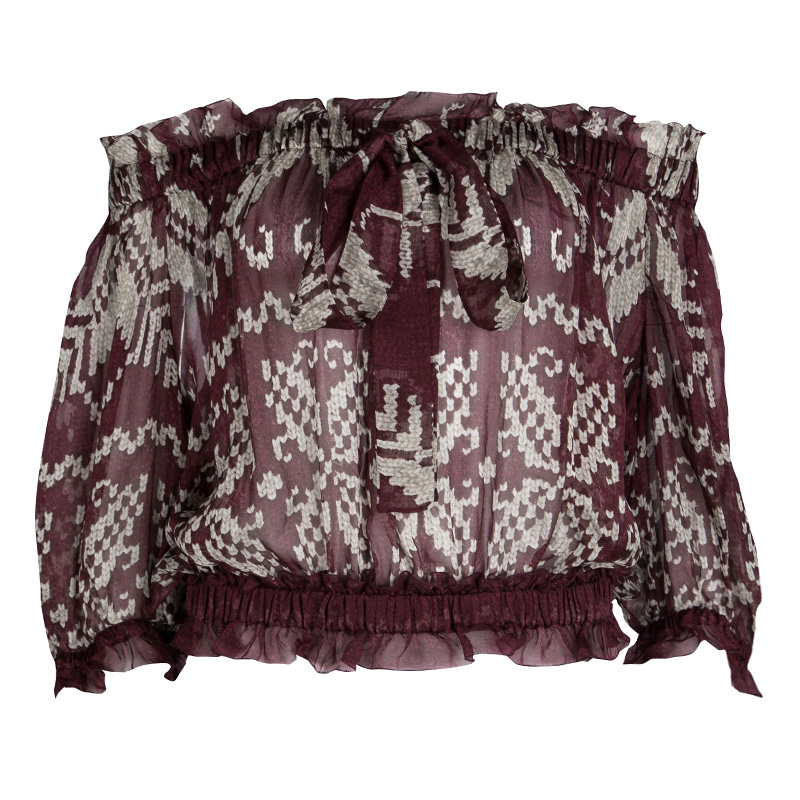 D&G Burgundy Printed Silk Chiffon Off Shoulder Sheer Peasant Blouse M