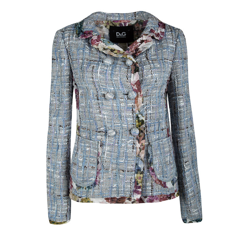 D&G Multicolor Textured Floral Print Lined Silk Trim Detail Double Breasted Jacket S