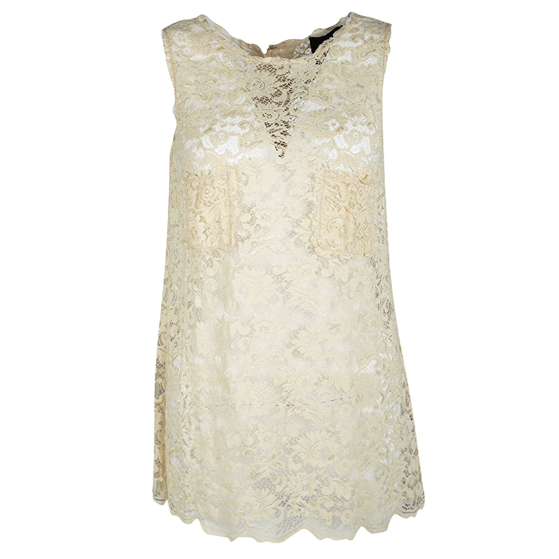 Pre Owned D&G Pale Yellow Floral Lace Sleeveless Top S