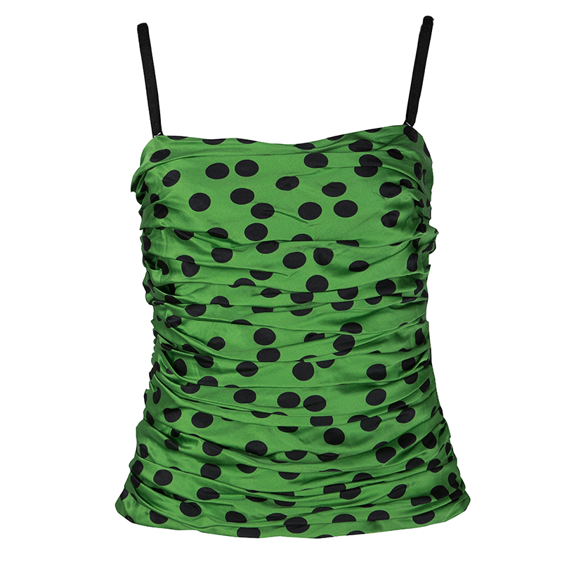 Pre Owned D&G Green and Black Polka Dot Ruched Silk Sleeveless Top M