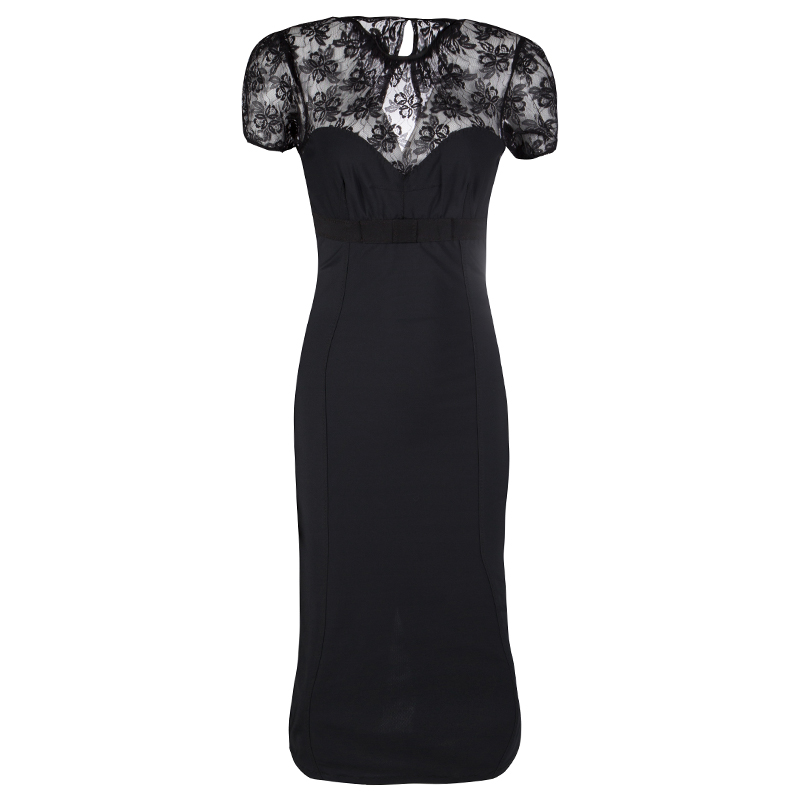 Pre Owned D&G Black Floral Lace Neck Detail Short Sleeve Dress M