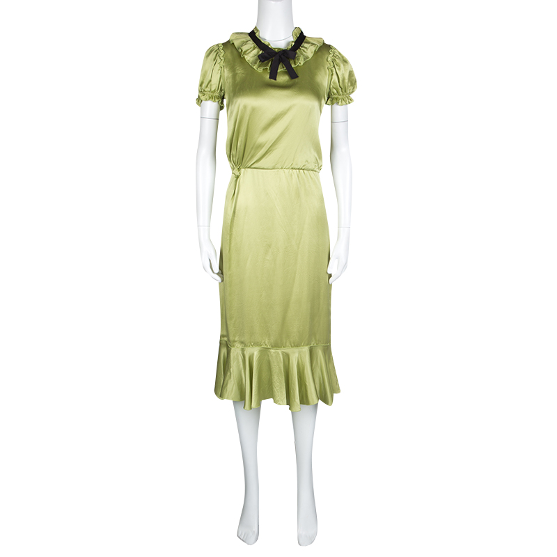 

D&G Green Satin Ruffle Trim Tie Detail Midi Dress