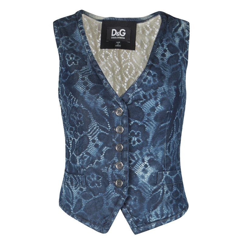 D&G Indigo Printed Washed Denim Lace Back Detail Waist Coat S
