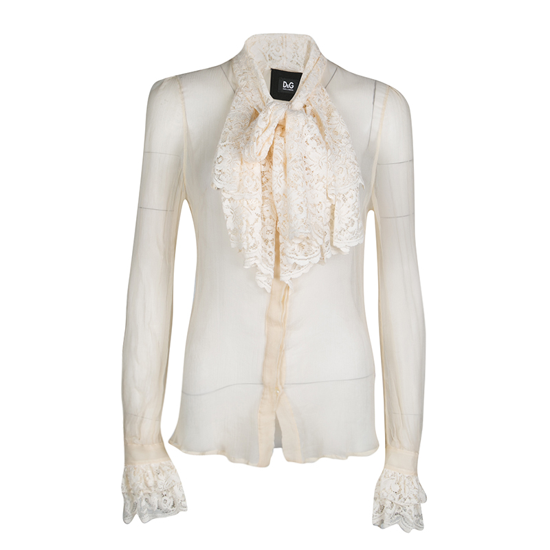 مملوكة مسبقًا D&G Cream Silk Ruffled Lace Detail Long Sleeve Blouse M