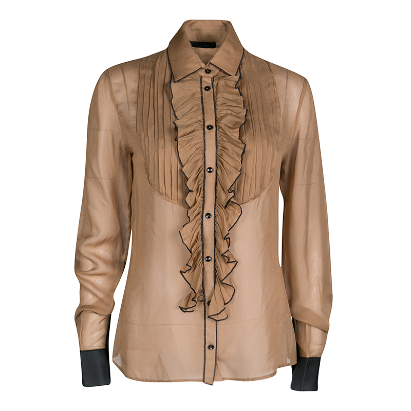 Pre Owned D&G Brown Contrast Trim Ruffle and Pintuck Yoke Detail Long Sleeve Shirt S
