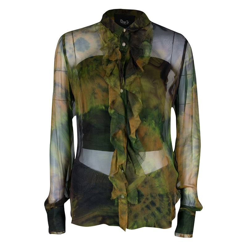 D&G Multicolor Printed Sheer Silk Chiffon Ruffle Front Shirt M