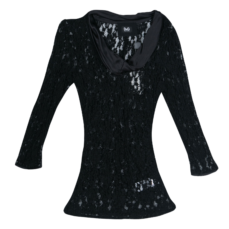 D&G Black Floral Embroidered Lace Satin Trim Long Sleeve Top S