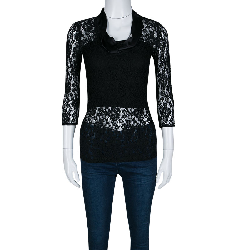 

D&G Black Floral Embroidered Lace Satin Trim Long Sleeve Top