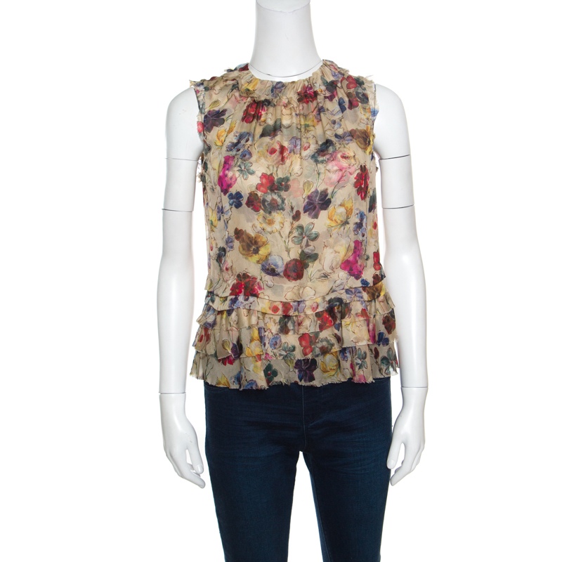 Pre Owned D&G Beige Floral Printed Silk Chiffon Ruffle Trim Sleeveless Top S