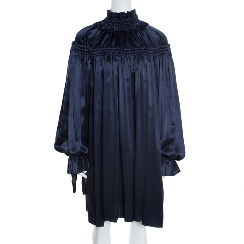 Pre Owned D&G Navy Blue Satin Contrast Tie Detail Gathered Ruffled Trim Long Sleeve Dress S