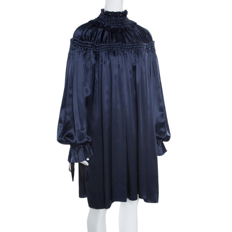 

D&G Navy Blue Satin Contrast Tie Detail Gathered Ruffled Trim Long Sleeve Dress