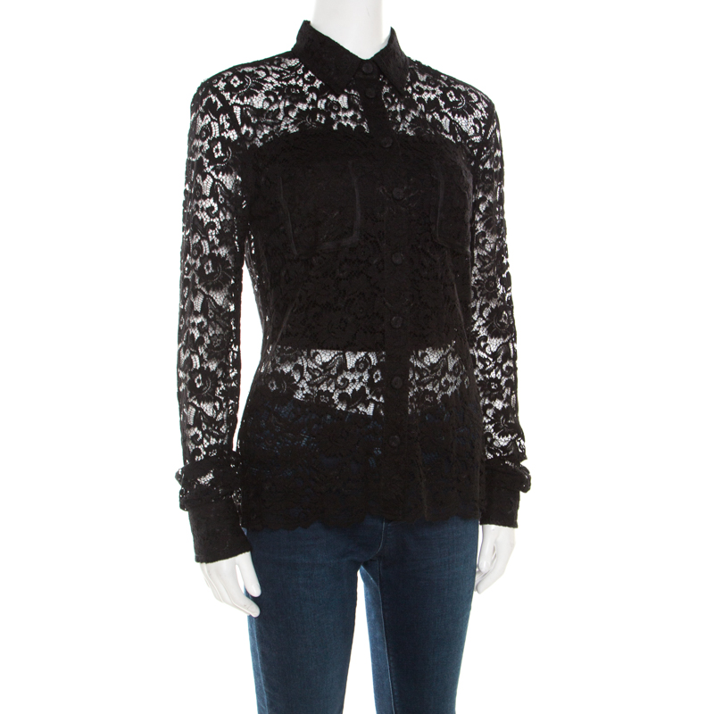 

D&G Black Floral Lace Long Sleeve Button Front Scalloped Bottom Shirt