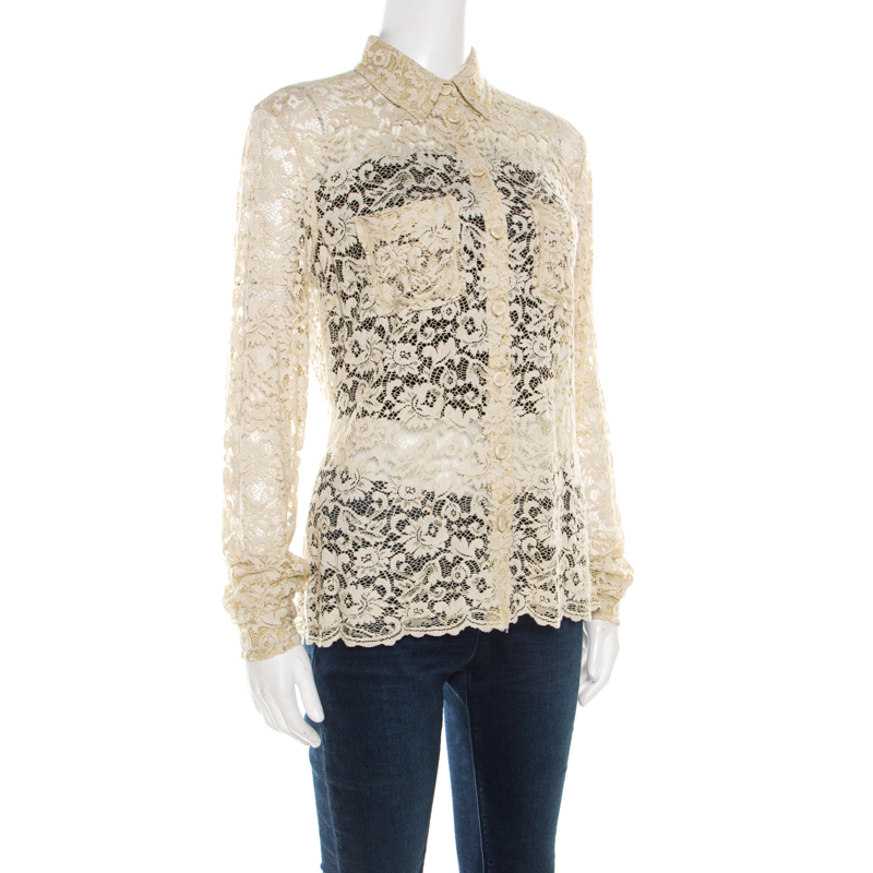 

D&G Beige Floral Lace Long Sleeve Blouse