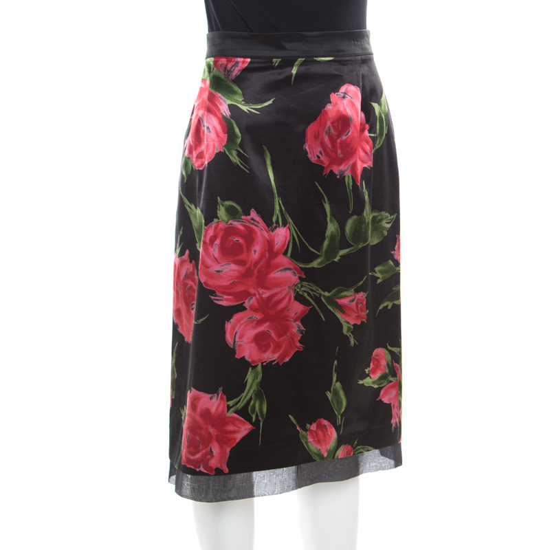 

D & G Only Under 40 Vintage Black Rose Printed Satin Pencil Skirt