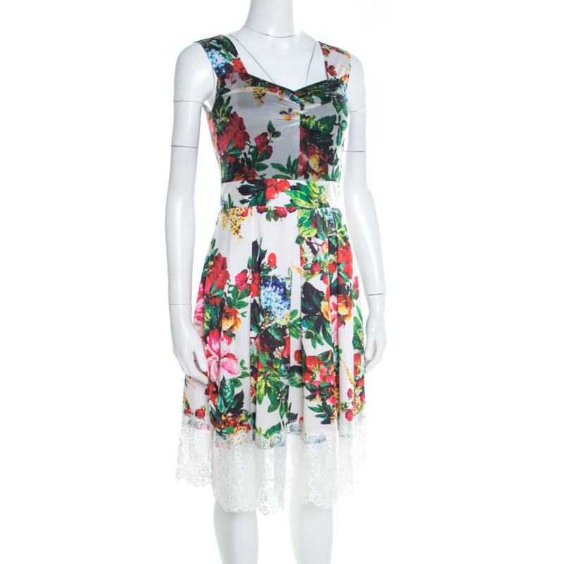 

D & G White Floral Print Scalloped Lace Hem Sleeveless Dress