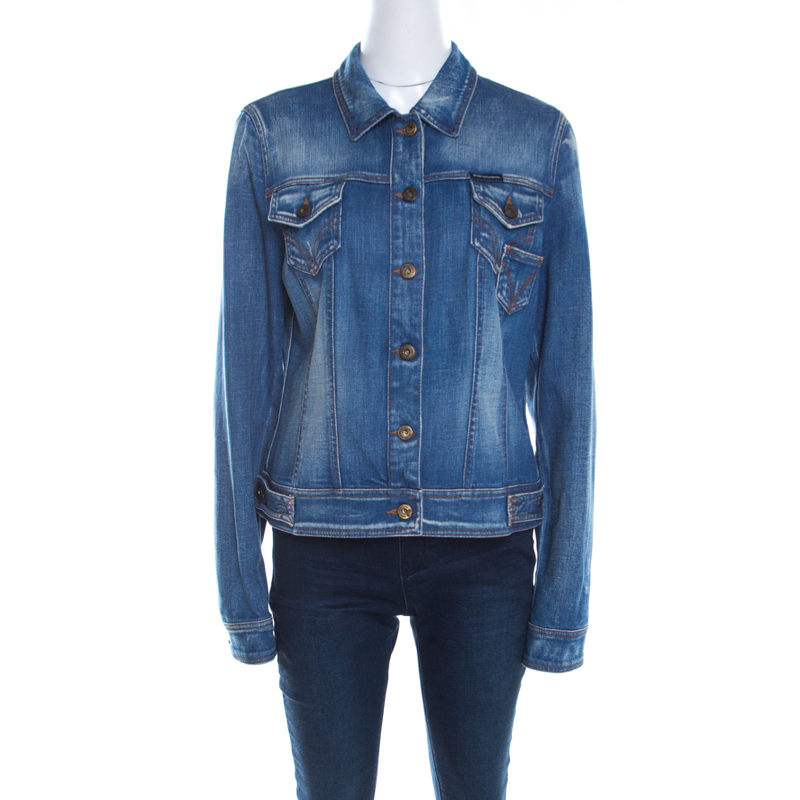 Pre Owned D & G Indigo Medium Wash Faded Effect Denim Jacket L