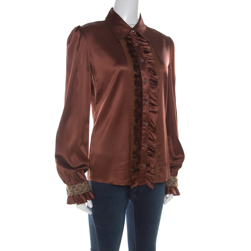 

D&G Brown Silk Ruffle and Tweed Trim Detail Blouse