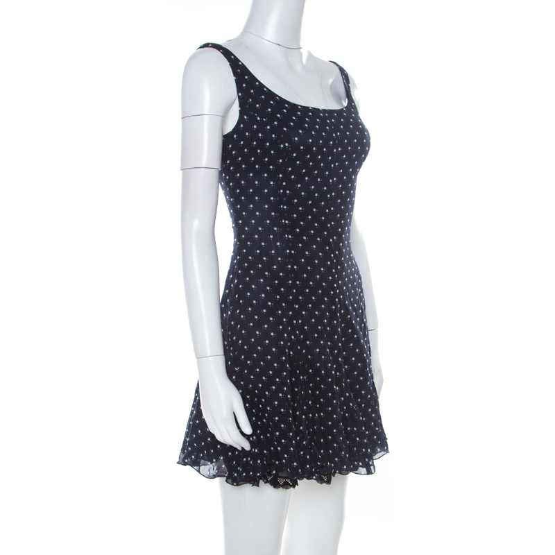 

D&G Navy Blue and White Printed Crepe Sleeveless Skater Dress