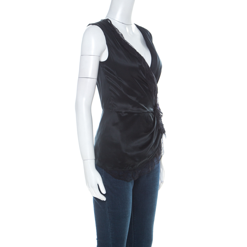 

D&G Black Silk and Lace Trim Feather Brooch Detail Sleeveless Top