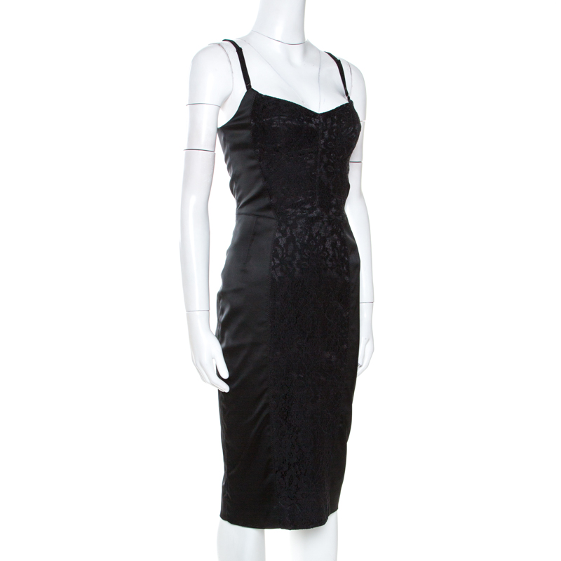 

D & G Black Satin Lace Trim Sleeveless Sheath Dress