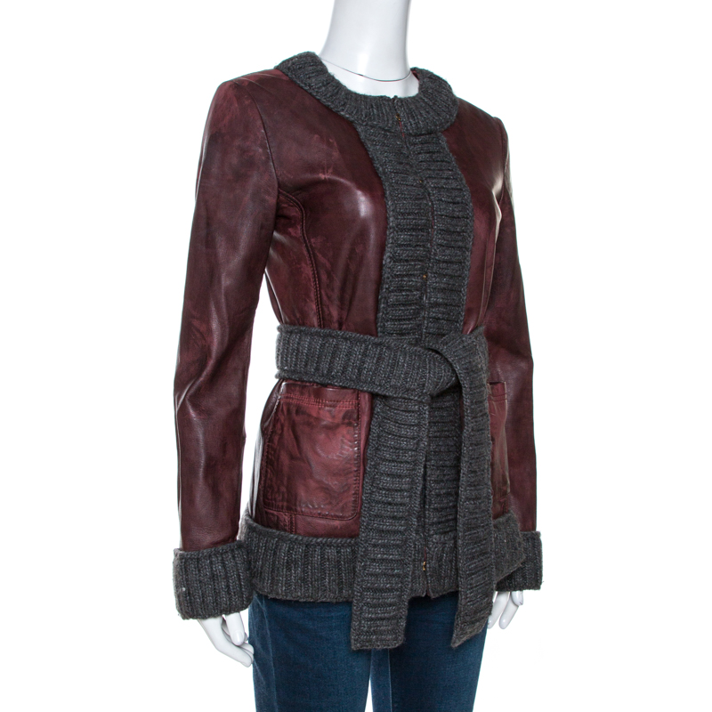 

D & G Burgundy Lamb Leather Rib Knit Trim Jacket