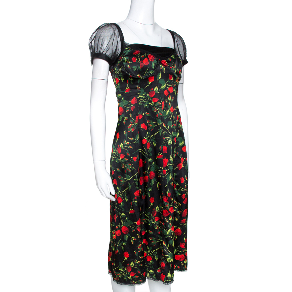 

D&G Black Floral Print Stretch Satin Tulle Sleeve Corset Dress