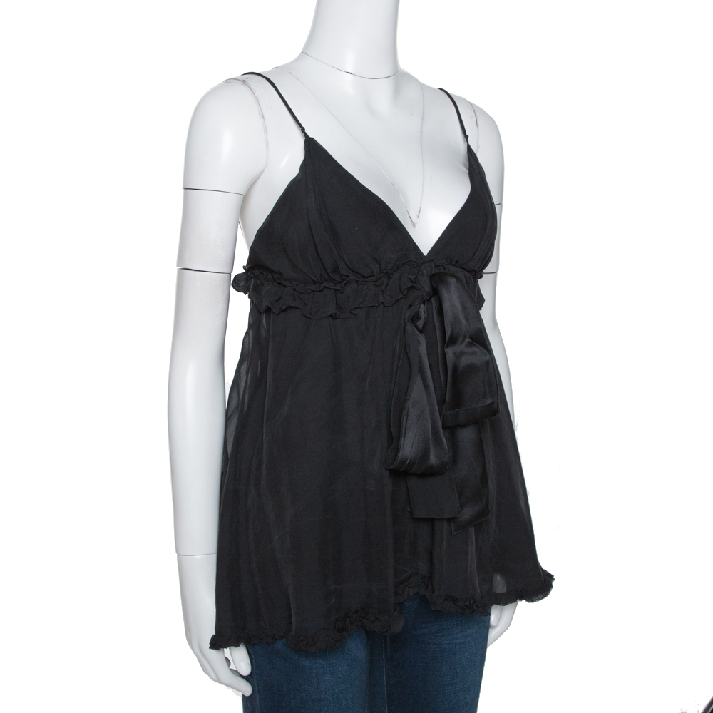 

D&G Black Silk Ruffled Tie Detail Sleeveless Top