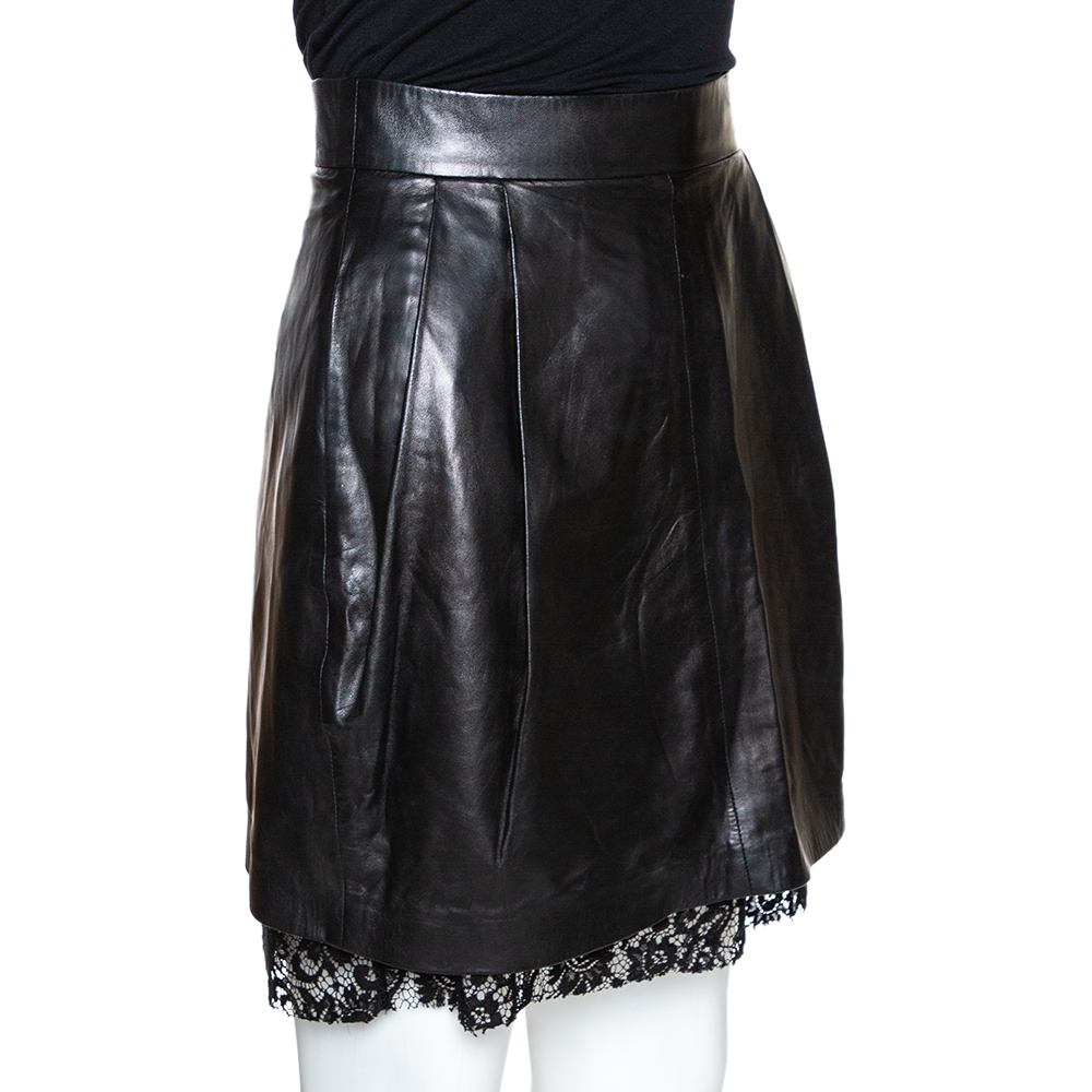 

D&G Black Lamb Leather Lace Trim A Line Skirt