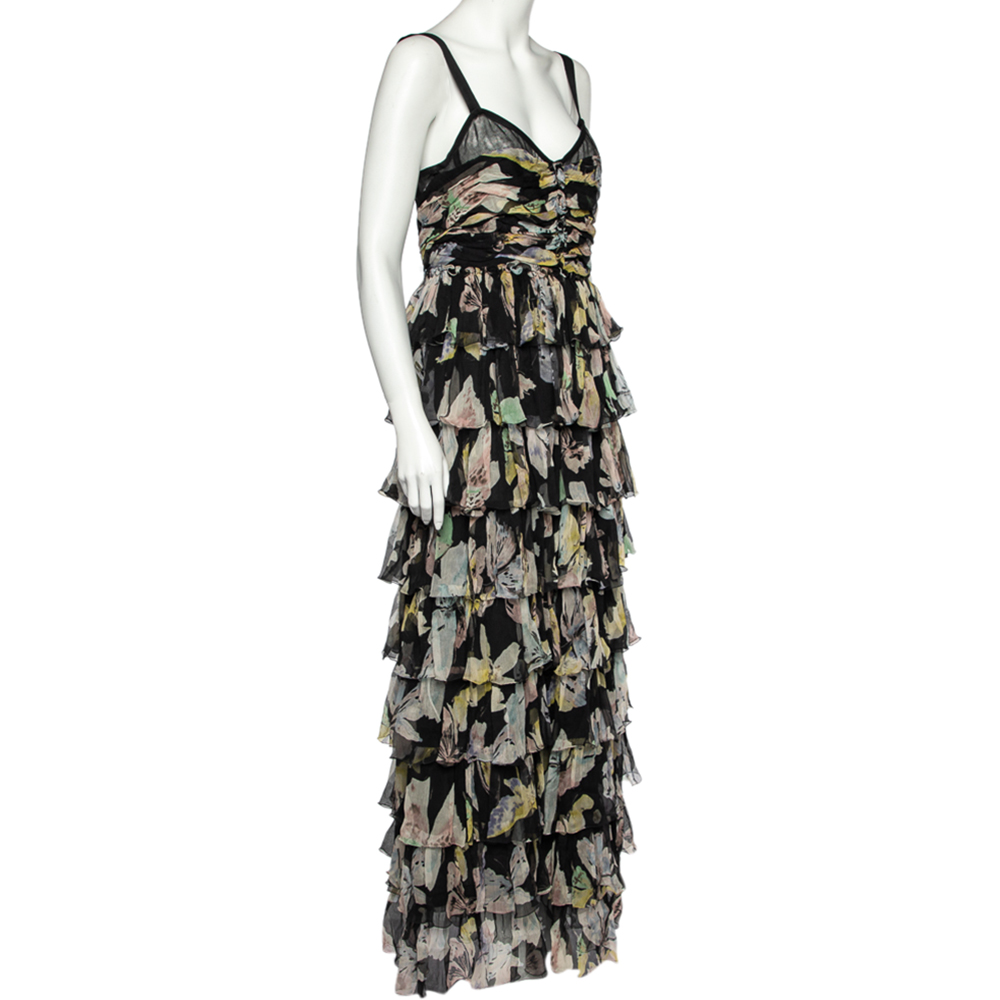 

D&G Black Floral Print Silk Crepe Tiered Maxi Dress