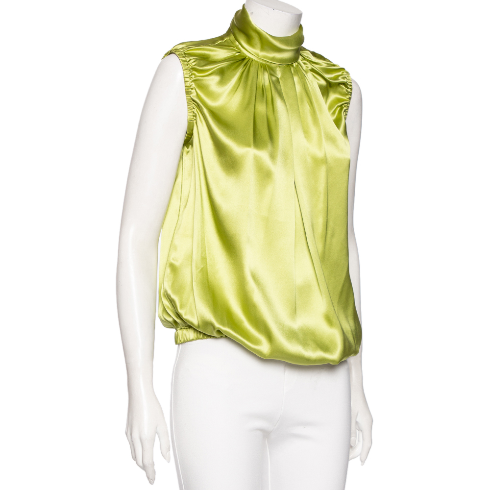 

D&G Green Silk Pleated Yolk Detailed Sleeveless Blouse