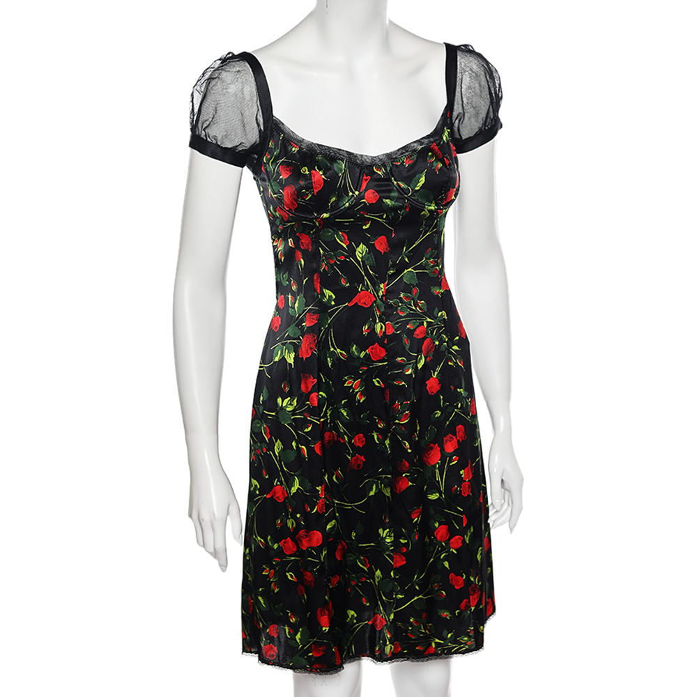 

D&G Black Floral Printed Silk Satin Mini Dress