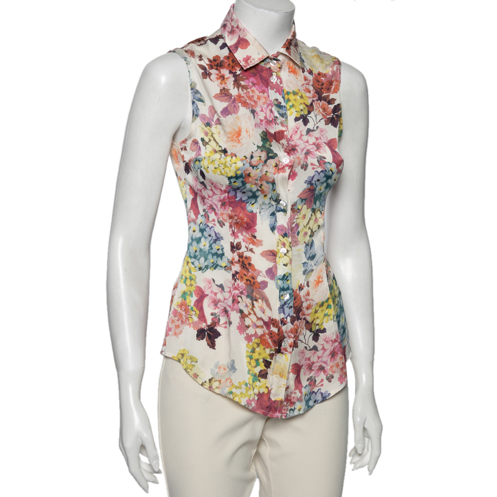 

D&G Multicolored Floral Printed Silk Sleeveless Button Front Shirt, Multicolor