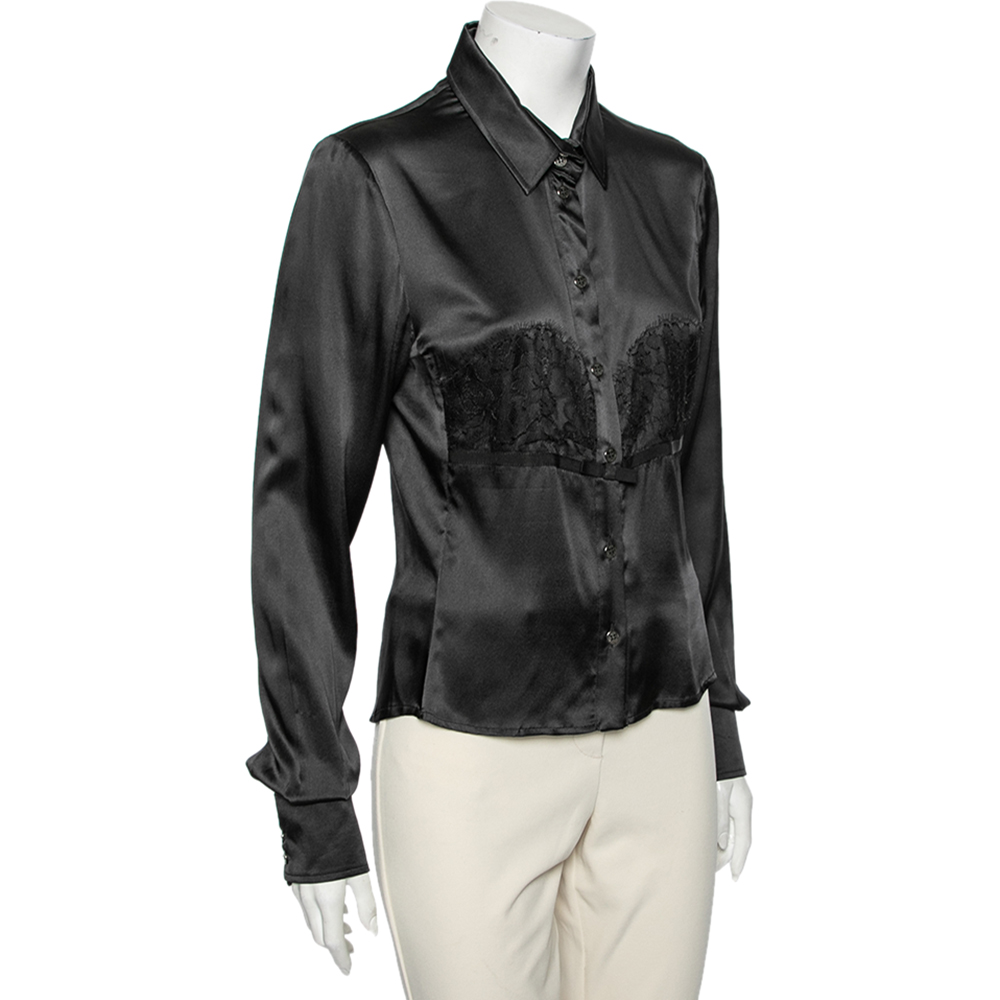 

D&G Black Silk Lace Trimmed Button Front Shirt