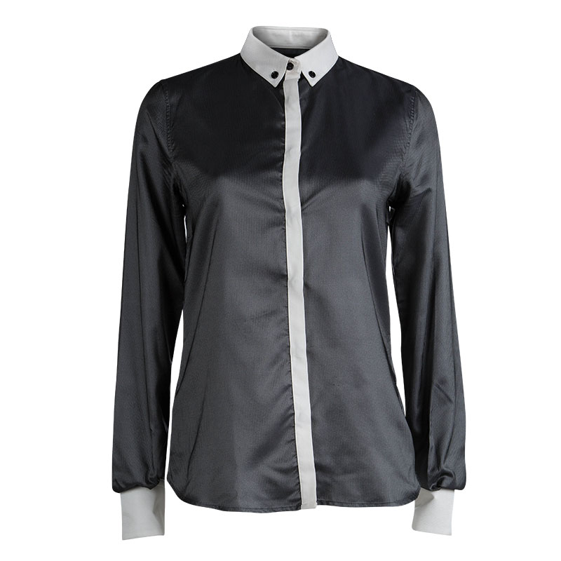 D&G Dark Grey Herringbone Weave Contrast Trim Shirt S