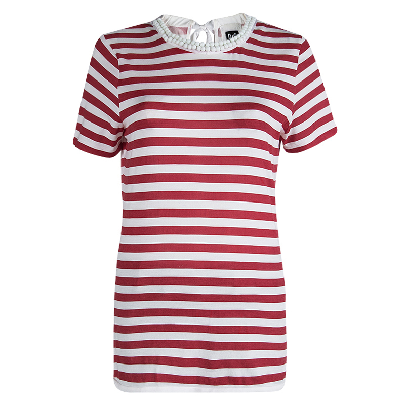 Pre Owned D&G Red and White Striped Knit Bead Detail T-Shirt L