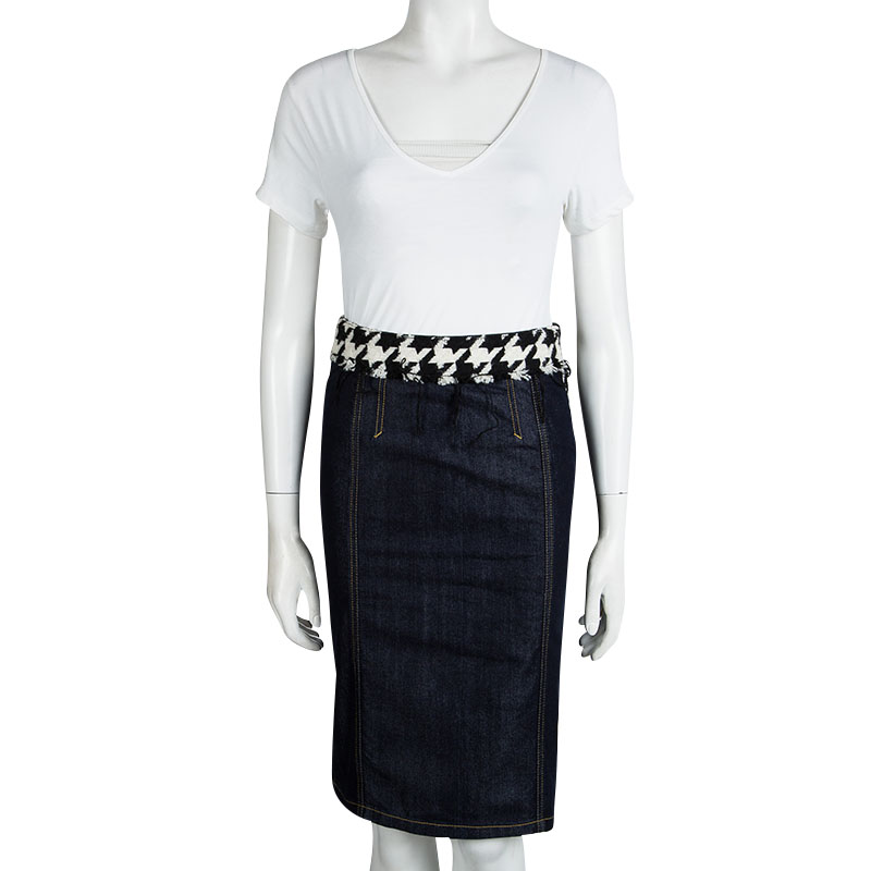 

D&G Indigo Dark Wash Houndstooth Waist Detail Denim Skirt, Blue