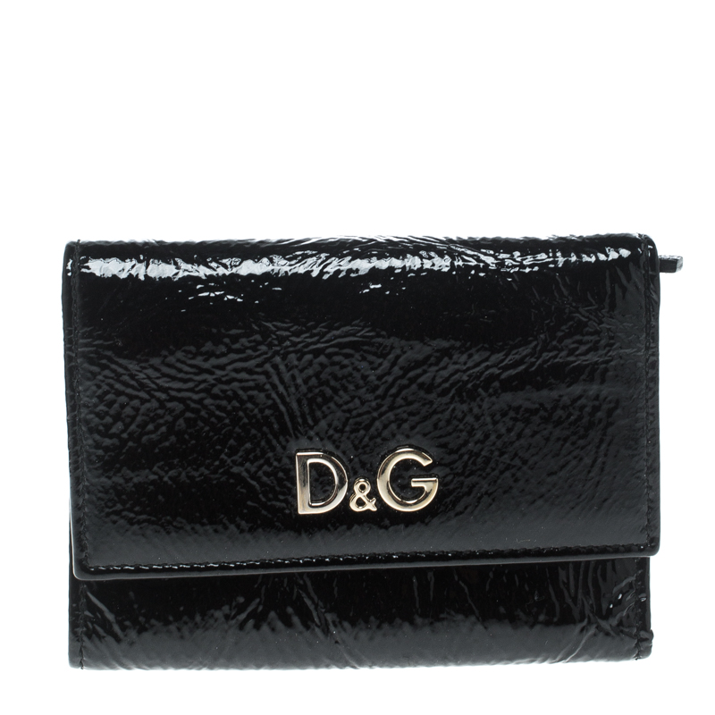 Pre Owned D&G Black Patent Leather Trifold Compact Wallet