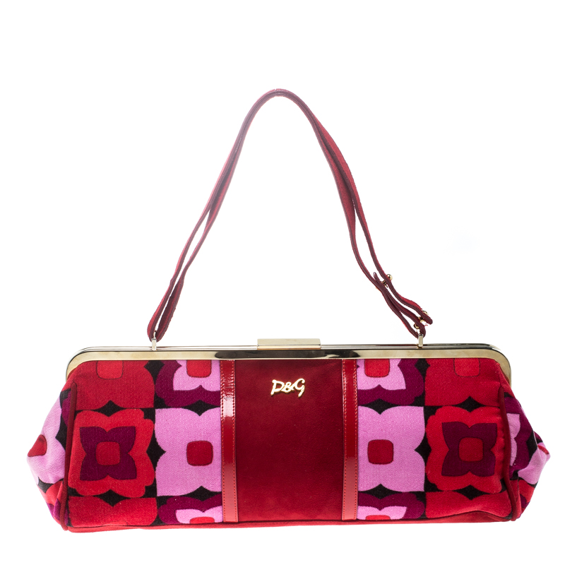 Dolce and Gabbana Multicolor Suede and Fabric Floral Frame Satchel
