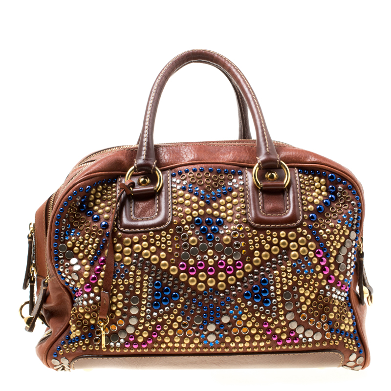 Dolce and Gabbana Brown Leather Embellished Lily Satchel