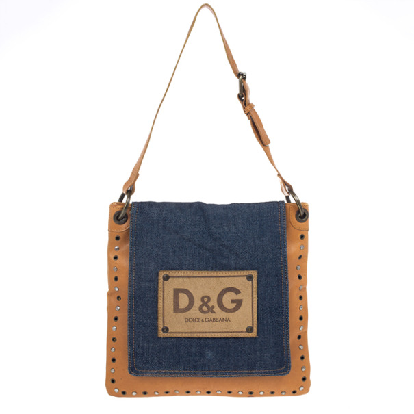 Pre Owned D and G Brown Leather and Denim Messenger Bag