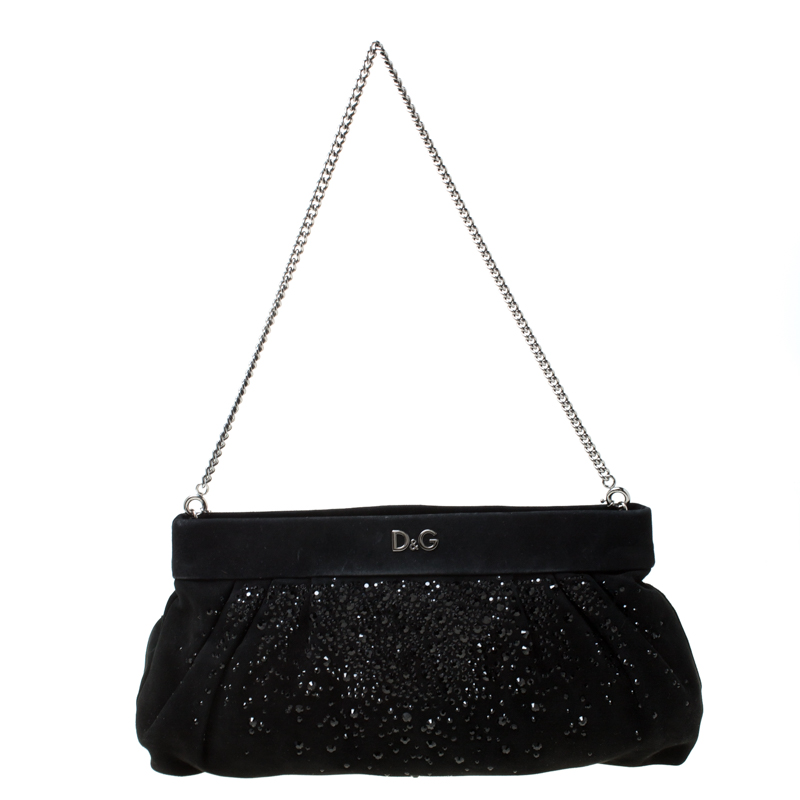 D&G Black Crystal Embellished Suede Chain Clutch