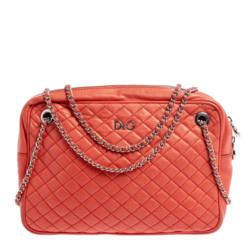 Pre Owned D&G Coral Orange Quilted Leather Lily Glam Shoulder Bag