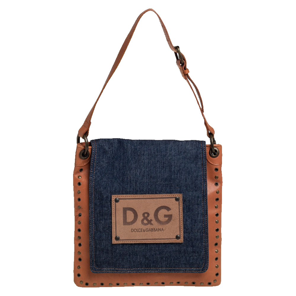 Pre Owned D&G Brown/Blue Denim and Leather Studded Flap Slim Shoulder Bag