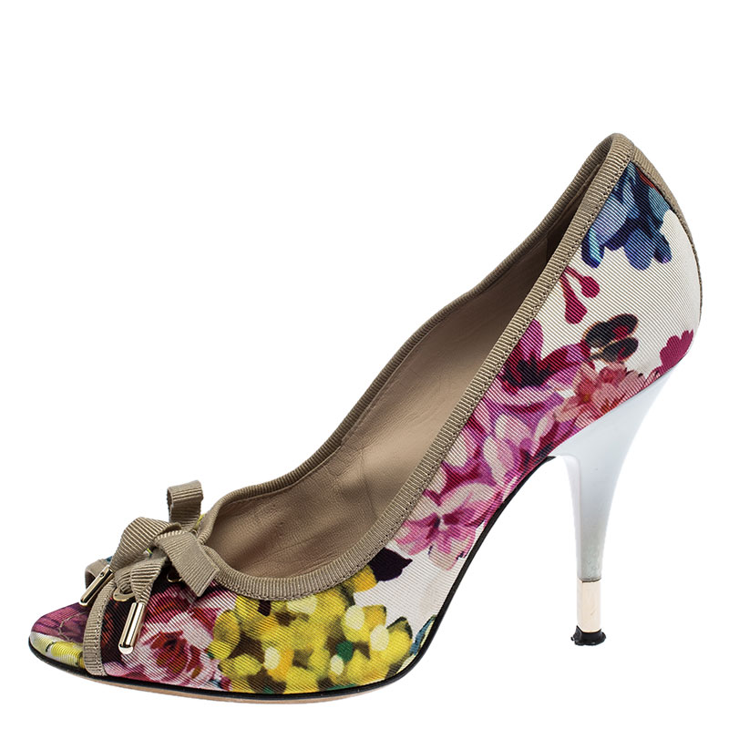 

D and G Multicolor Floral Printed Fabric Bow Peep Toe Pumps