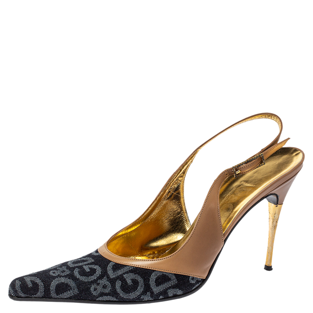 Pre Owned D&G Blue/Beige Denim and Leather Slingback Pumps Size 41